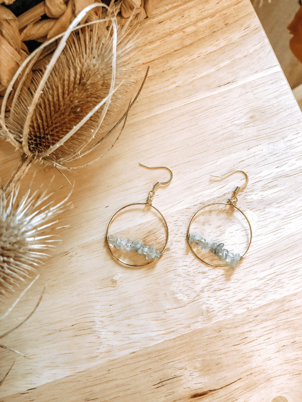 Grey stone wire wrapped gold hoops